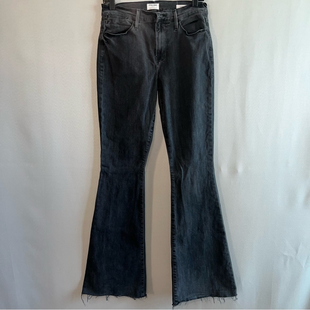 FRAME Le High Flare Black Raw Hem Jeans Size 28